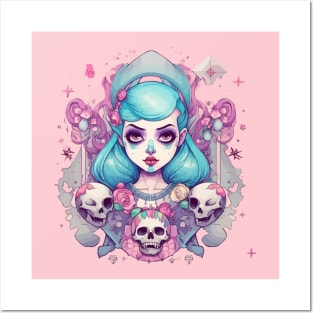 Pastel Goth Girl with skulls Posters and Art